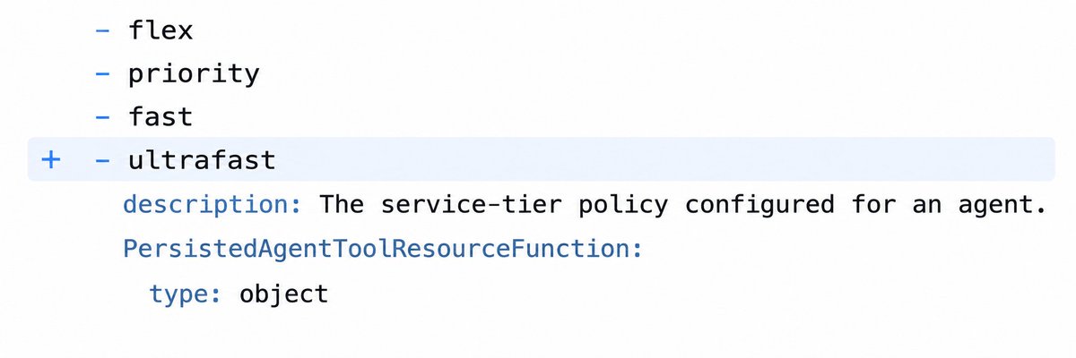Agent configuration snippet showing an ultrafast service tier alongside existing settings