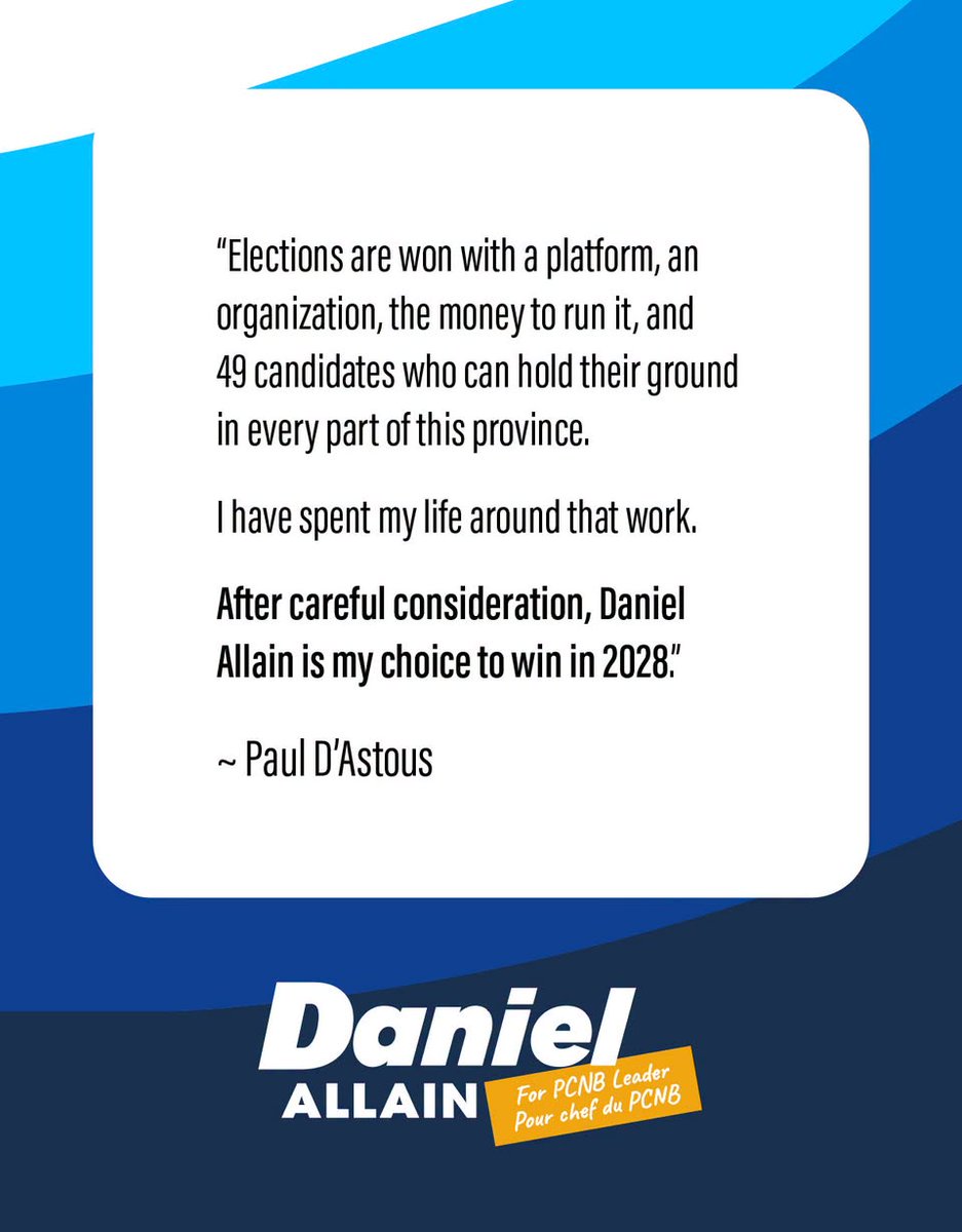 DanielAllainNB's tweet photo. Our party needs a leader capable of building a broad coalition of support – and I am up to the challenge. 

I am excited about what we will do together, but first – I need your vote. 

If you haven’t voted yet, please get your ballot in the mail!

Don’t forget: 
1️⃣ Sign your declaration form.
2️⃣ Include a copy of your ID.
3️⃣ Put your ballot into the ballot secrecy envelope.
4️⃣ Mail everything by October 5th. 

Need assistance? 
Call 506-381-0578 
Email admin@danielallain.ca

Thank you!

///

Notre parti a besoin d’un chef capable de rallier une vaste coalition d’appuis – et je suis prêt à relever le défi.

Je suis enthousiaste à l’idée de ce que nous accomplirons ensemble, mais j’ai d’abord besoin de votre vote.

Si vous n’avez pas encore voté, veuillez mettre votre bulletin de vote à la poste !

N’oubliez pas :
1️⃣ Signez votre formulaire de déclaration.
2️⃣ Joignez une copie de votre pièce d’identité.
3️⃣ Glissez votre bulletin de vote dans l’enveloppe de confidentialité.
4️⃣ Postez le tout au plus tard le 5 octobre.

Besoin d'aide? 
Appelez 506-381-0578 
Courriel admin@danielallain.ca

Merci !