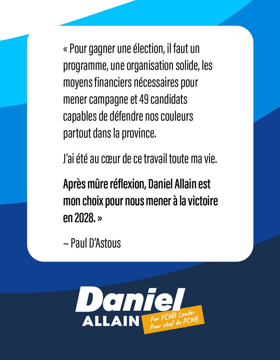 DanielAllainNB's tweet photo. Our party needs a leader capable of building a broad coalition of support – and I am up to the challenge. 

I am excited about what we will do together, but first – I need your vote. 

If you haven’t voted yet, please get your ballot in the mail!

Don’t forget: 
1️⃣ Sign your declaration form.
2️⃣ Include a copy of your ID.
3️⃣ Put your ballot into the ballot secrecy envelope.
4️⃣ Mail everything by October 5th. 

Need assistance? 
Call 506-381-0578 
Email admin@danielallain.ca

Thank you!

///

Notre parti a besoin d’un chef capable de rallier une vaste coalition d’appuis – et je suis prêt à relever le défi.

Je suis enthousiaste à l’idée de ce que nous accomplirons ensemble, mais j’ai d’abord besoin de votre vote.

Si vous n’avez pas encore voté, veuillez mettre votre bulletin de vote à la poste !

N’oubliez pas :
1️⃣ Signez votre formulaire de déclaration.
2️⃣ Joignez une copie de votre pièce d’identité.
3️⃣ Glissez votre bulletin de vote dans l’enveloppe de confidentialité.
4️⃣ Postez le tout au plus tard le 5 octobre.

Besoin d'aide? 
Appelez 506-381-0578 
Courriel admin@danielallain.ca

Merci !