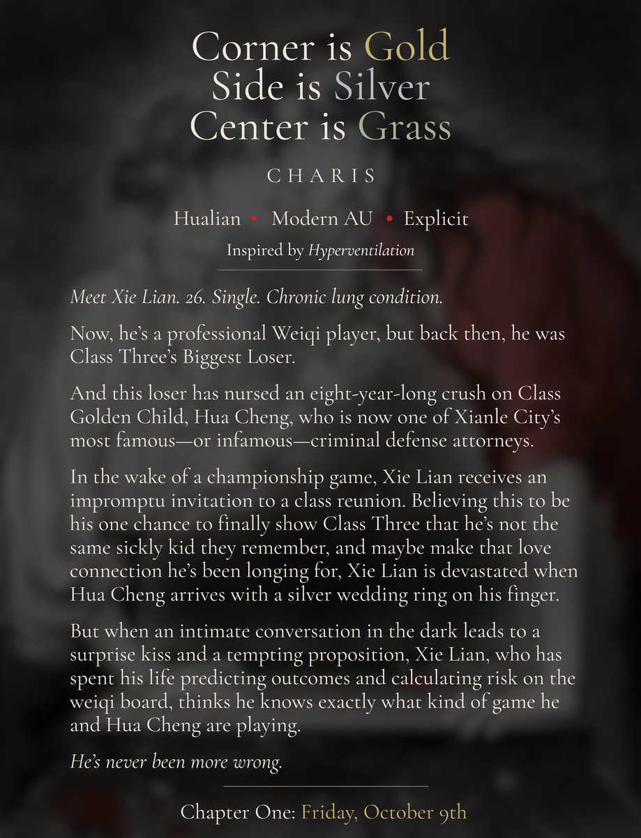 TheDivineCharis's tweet photo. ⚫🔴⚪ The Board is Set 🔴⚪️⚫️

I'm so excited to finally share the cover for my upcoming Hualian modern AU, "Corner is Gold, Side is Silver, Center is Grass"!

Chapter One drops Friday, October 9th at 9:30PM EST.

Art by @_neal_3000, who absolutely outdid herself! https://t.co/Fxq4xbETBe