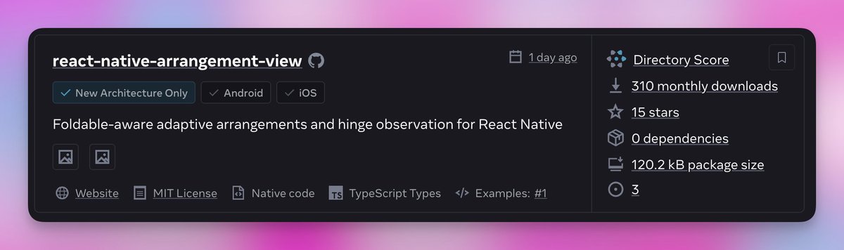 thiagobrez's tweet photo. react-native-arrangement-view is now available on React Native Directory!

0 dependencies btw https://t.co/5fp9Z4jo6E