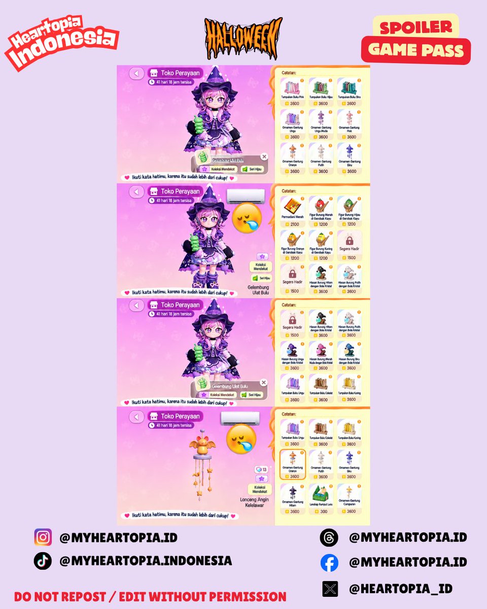 Heartopia_ID's tweet photo. ‼️SPOILER‼️

Tema next pass : 🎃Haloween🎃

NB: karena merupakan hasil translate, akan terdapat beberapa ketidaksesuaian nama 📢

#heartopia #heartopiagame #heartopiaindonesia https://t.co/y6EuLuyEZV