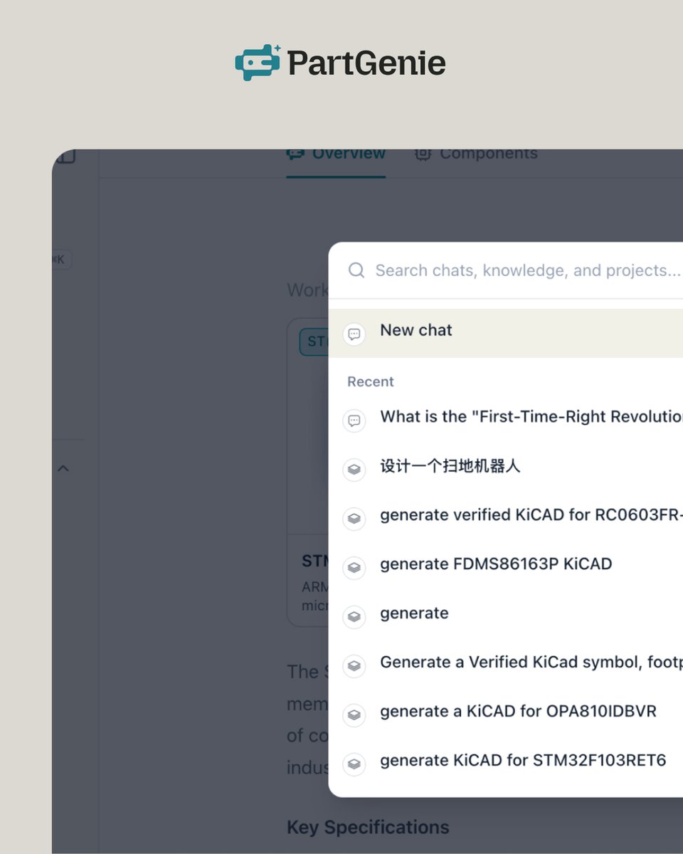 PartGenie's tweet photo. Find anything without breaking your flow. Press โ๐ to instantly search chats, Knowledge, and Projectsโor start a new chat from anywhere.
#PartGenie #QuickSearch #EngineeringWorkflow #HardwareDesign #Productivity https://t.co/TnRNBUwO2b