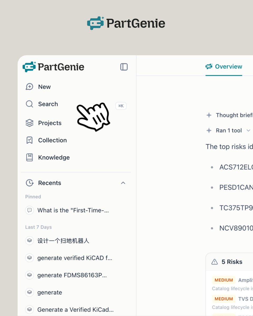 PartGenie's tweet photo. Find anything without breaking your flow. Press โ๐ to instantly search chats, Knowledge, and Projectsโor start a new chat from anywhere.
#PartGenie #QuickSearch #EngineeringWorkflow #HardwareDesign #Productivity https://t.co/TnRNBUwO2b