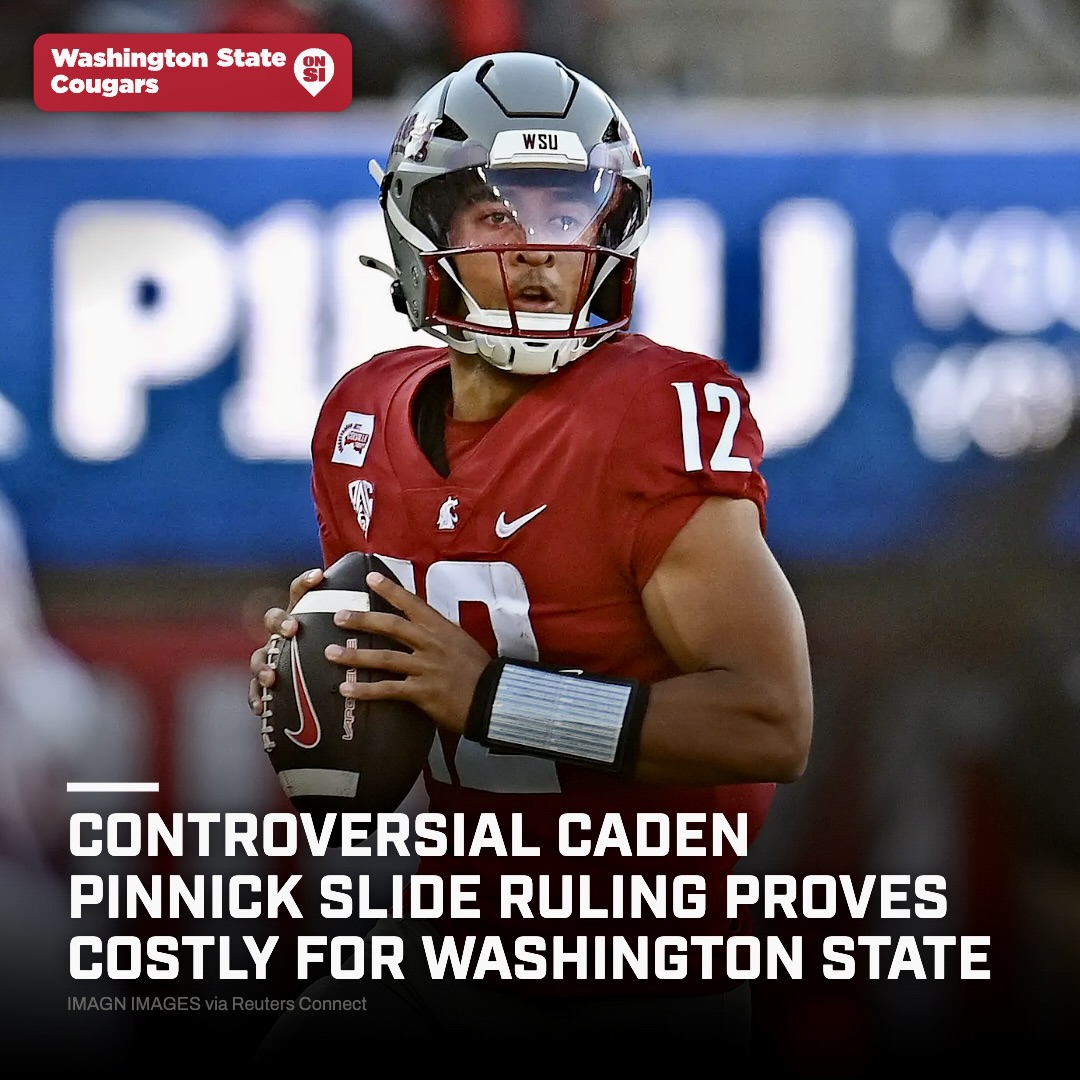 WSUOnSI's tweet photo. When does a quarterback run officially become a slide? 

A controversial ruling on Caden Pinnick left Washington State just short of a first down - and Arizona took advantage.

https://t.co/ewAbfvb4Qx https://t.co/rRpwHfDTJD