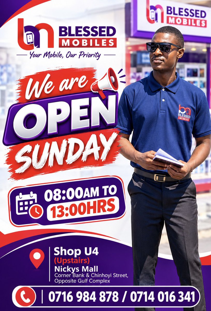 blessedmobiles's tweet photo. 🔥 WE ARE OPEN TODAY - SUNDAY🔥

Blessed Mobiles - Shop U4 (Upstairs) Nicky's Mall, Cnr Bank &amp; Chinhoyi St, Harare

⏰ 8AM - 1PM
📞 0716 984 878 / 0714 016 341

Samsung | iPhone | Google Pixel | Accessories

Your Mobile, Our Priority📱

#BlessedMobiles #Harare https://t.co/jZGqGiGh0d