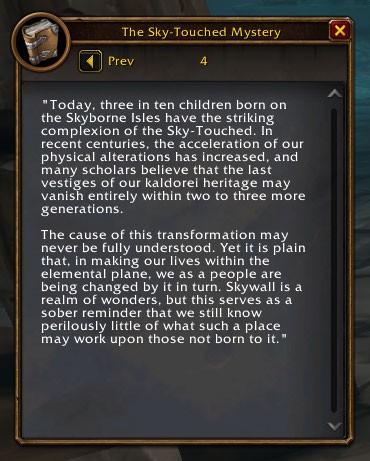 Queen_Ishura's tweet photo. I got curious how many Skyborne were blue vs not blue (esp considering the lore book that says 3/10 children born today are blue) so I went around cataloguing only named NPCs and it came out to

44 blue + 86 not blue, so blue shen'dorei make up roughly 33-34% of the population https://t.co/NeYb0bLMIm