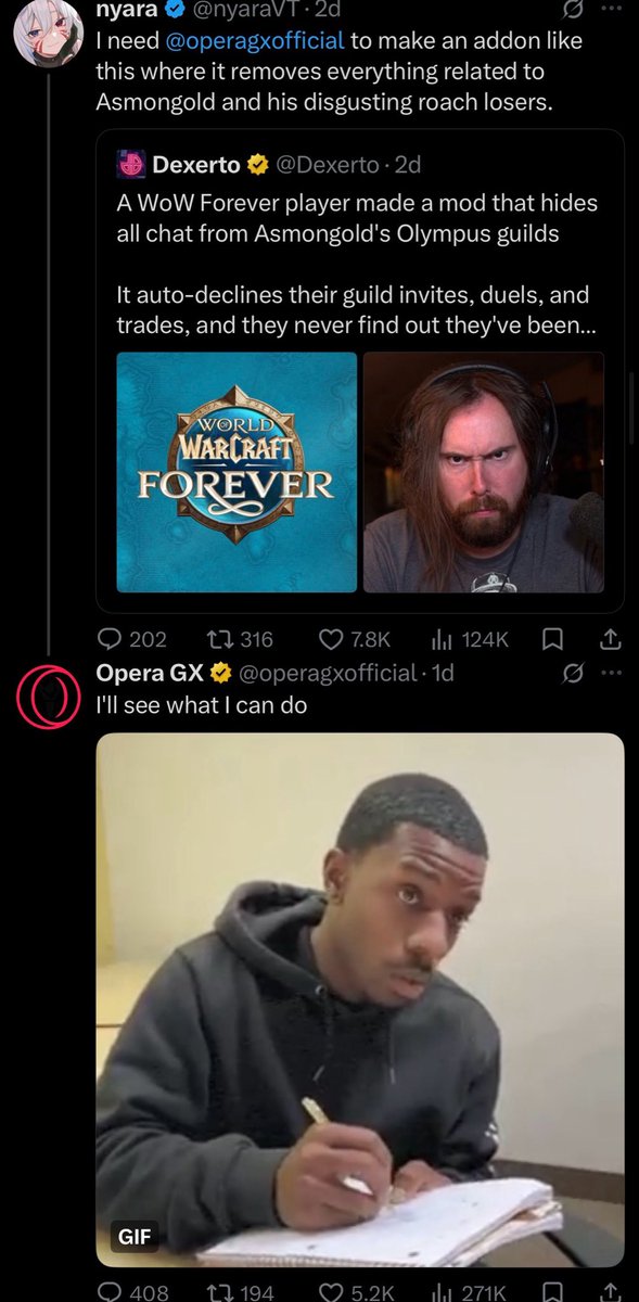Awk20000's tweet photo. Asmongold responds to Nyara and Opera GX brainstorming an addon that removes everything Asmongold related https://t.co/94MhzcZ9kf