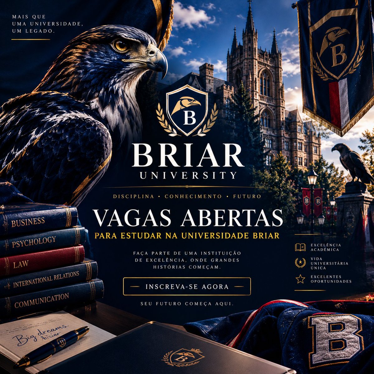 UBC0fficial's tweet photo. Briar University — onde sonhos, amizades, rivalidades e histórias inesquecíveis ganham vida. Venha escrever seu próprio legado. 🎓🦅💙 https://t.co/XjvzHOd6Zk