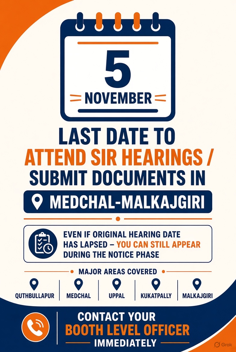 sadiq123ali's tweet photo. 4
📅 Last Date: 5 November 2026  Even if your original hearing date has lapsed, you can still attend during the notice phase.  చివరి తేదీ: 5 నవంబర్ 2026
آخری تاریخ: 5 نومبر 2026  Contact your Booth Level Officer (BLO) immediately.
మీ బూత్ లెవల్ ఆఫీసర్‌ను సంప్రదించండి https://t.co/GhdI3qHwb7