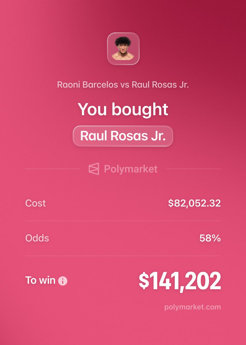 PolymarketSport's tweet photo. 🚨BREAKING: Someone just put $82k on Raul Rosas Jr. to WIN his fight vs Raoni Barcelos 

This pays out $141,202 on Polymarket https://t.co/wj1TpRWjy3
