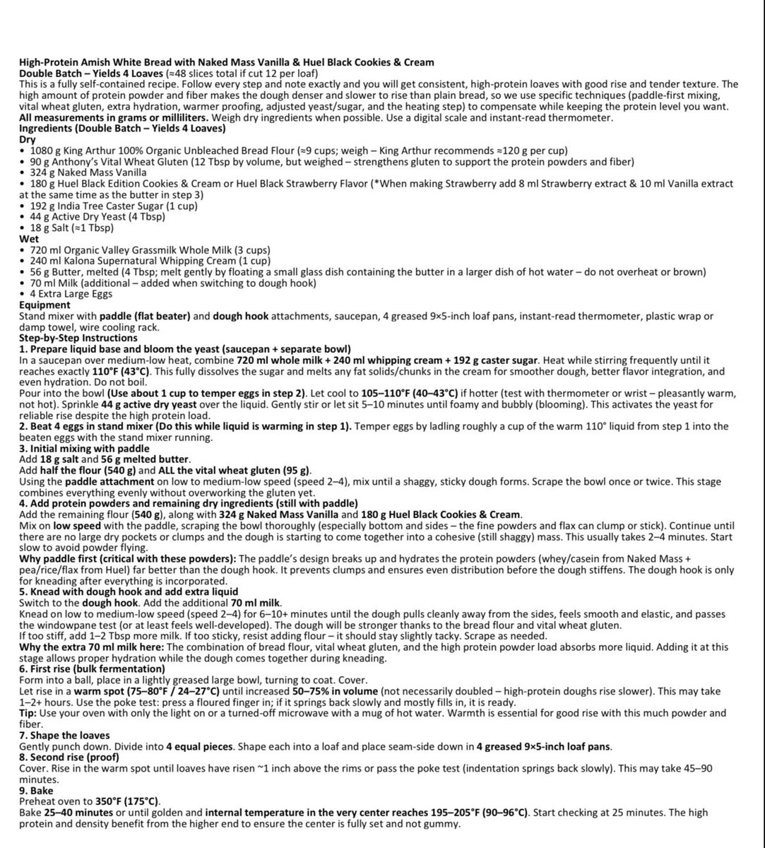 QualityGunsmith's tweet photo. @huel you've got it! Attached you'll find pictures including the complete recipe w/ detailed instructions, nutritional value breakdown, & pictures. Let me preface a couple things. First, this is NOT gluten free or vegan. Second, it's a symphony of greatness paired with Naked Mass, it's not a stand alone recipe. Also, you need to use a quality bread flour like King Arthur not an all purpose flour.