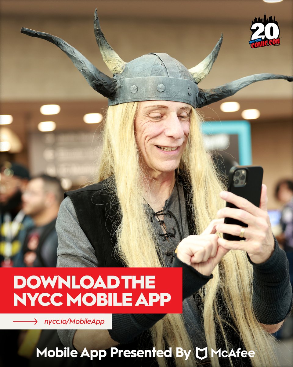 NY_Comic_Con's tweet photo. The Official NYCC App is your digital companion for all things NYCC 2026 💥 

✨ A digital guide to NYCC that doesn’t need much Wi-Fi 
✨ Access to Play NYCC to play games and win prizes that let you skip lines, get guaranteed seating for the Main Stage or Empire Stage, or NYCC 2027 tickets 
✨ Timely push notifications before and during the show letting you know of guest changes, panel reminders, specials, and exclusives 
✨ A complete listing of Guests, Panels, Exhibitors, Artist Alley, and Writers Block 
✨ Your own personalized list of panels, guests, exhibitors, and creators 
✨ Detailed interactive maps of the Javits Center 
✨ Easy access to Reservations and Badge Activation 

What are you waiting for? Download the Official NYCC App at https://t.co/YDMW83jCnV 

Thursday and Sunday tickets are still available. Get them at https://t.co/bGfHEghTqs 

The mobile app is presented by McAfee