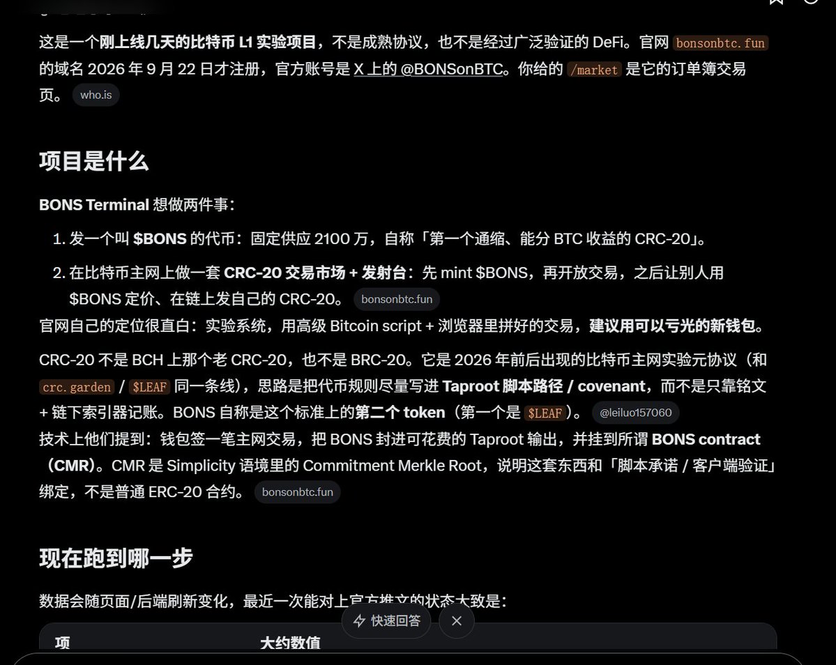 CandyDAO_leaf's tweet photo. 比特币生态要想再次起飞必须要有造富效应

市场：https://t.co/ExY5Rxmv8d

目前地板28的价格 @BONSonBTC 
可能是比特币生态的 robinhood:0x39dbed3a2bd333467115de45665cc57f813c4571 

累积销毁已经达到总量的1%
面板：https://t.co/2kf4aA1PjJ

更懂可以看gork的解析
这里：https://t.co/3k2wtcXYwX

新产品新机会新风险，这个项目做的事情就是在比特币主网上做一套 CRC-20 交易市场 + 发射台

先 mint $BONS，再开放交易，之后让别人用 $BONS 定价、在链上发自己的 CRC-20

经济模型核心循环很简单：交易/兑换收 3% 左右手续费

1⃣50% 回购并永久销毁 $BONS
2⃣50%  BTC 分给前 50 大持仓（按余额比例）

激励大户持续扫货保持排名，小散则靠通缩推动价格

项目还处于非常早期的阶段：Launchpad 即将上线

目前应该是CRC-20 龙二位置