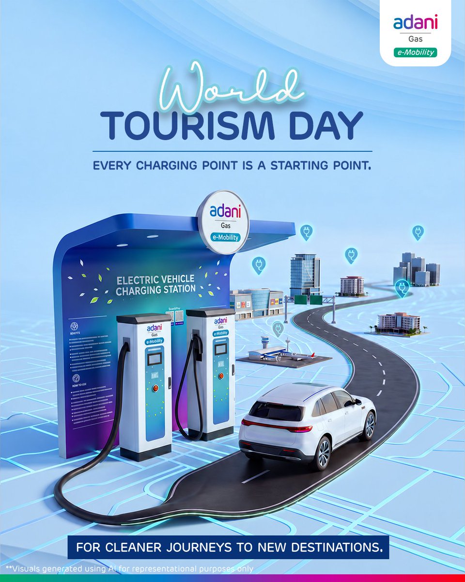 AdaniEMobility's tweet photo. Every new destination begins with the confidence to get there. With charging access expanding across highways, hotels, resorts and airports, ATEL is helping make EV travel more convenient.​

#WorldTourismDay #EVCharging #CleanMobility https://t.co/HbOun3YSOv