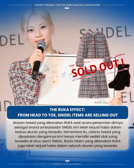 News article titled 'THE RUKA EFFECT: FROM HEAD TO TOE, SNIDEL ITEMS ARE SELLING OUT' by RUKAFYI, featuring RUKA ASA holding a framed artwork, with images of a sold-out tweed outfit and black boots overlaid with a red 'SOLD OUT!' stamp.