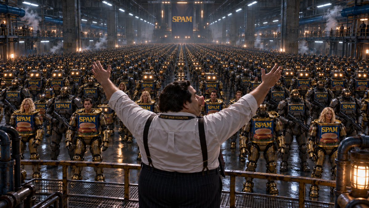spamcorp's tweet photo. Beneath X headquarters, Nikita's spam factory is busy at work mass producing more spam bots, more spam soldiers, more spam spam spam. Conveyor belts running, gears grinding, smoke billowing, the industrial scale bot army growing rapidly. 

"Behold, my children!" Nikita Boar exclaims.