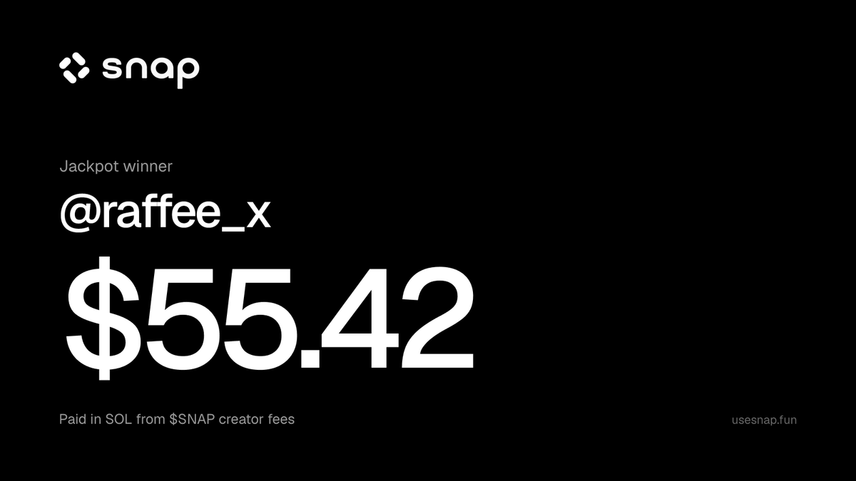 usesnapfun's tweet photo. Congratulations to our second Jackpot winner:
@raffee_x 

Log in via X to claim your winnings. https://t.co/UvQJ2BMUXz