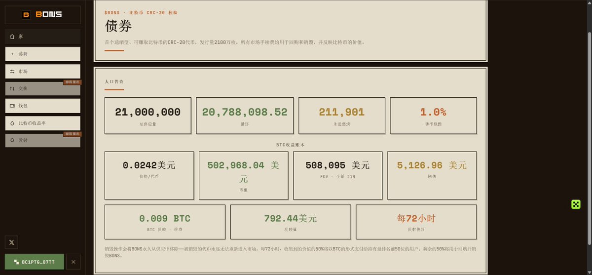 CandyDAO_leaf's tweet photo. 比特币生态要想再次起飞必须要有造富效应

市场：https://t.co/ExY5Rxmv8d

目前地板28的价格 @BONSonBTC 
可能是比特币生态的 robinhood:0x39dbed3a2bd333467115de45665cc57f813c4571 

累积销毁已经达到总量的1%
面板：https://t.co/2kf4aA1PjJ

更懂可以看gork的解析
这里：https://t.co/3k2wtcXYwX

新产品新机会新风险，这个项目做的事情就是在比特币主网上做一套 CRC-20 交易市场 + 发射台

先 mint $BONS，再开放交易，之后让别人用 $BONS 定价、在链上发自己的 CRC-20

经济模型核心循环很简单：交易/兑换收 3% 左右手续费

1⃣50% 回购并永久销毁 $BONS
2⃣50%  BTC 分给前 50 大持仓（按余额比例）

激励大户持续扫货保持排名，小散则靠通缩推动价格

项目还处于非常早期的阶段：Launchpad 即将上线

目前应该是CRC-20 龙二位置