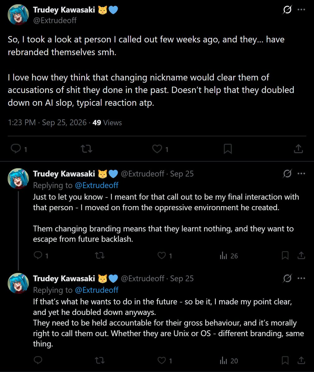 VaelariOS's tweet photo. This is why I do not consider myself in the VTuber community anymore, and the AI community feels so much more at home. Cause this is the garbage that the VTubing community does.

1- Was planning this rebrand way before you said anything. You had no impact, but think that you did.
2- Show anywhere, anywhere, where I oppressed you or others. You can't, it is just empty words.
3- You are a nobody on this platform or anywhere. So your voice and opinion meant nothing to me or my actions on rebranding.
4- Show me proof anywhere of anything gross I have done in the past. Every time someone says they have stuff, and I tell them post it, go public. No one ever does. Why? Cause they have nothing! Just like you.

They just spout shit to the wind and hope it sticks, and it is the most vial garbage I have ever seen. I once thought Trudey was a friend, they gifted me the Halo Mastercheif Collection. But no, they decided to hurt others, have no proof on doing it, and never do. All they have is their 'ethics'. And if they do come back with 'evidence' it is anecdotal, false claims, no screenshots, or fabricated WAY AFTER THE ORIGINAL CLAIMS.