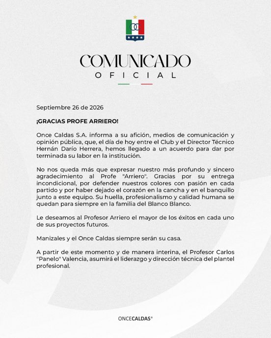 Juaneslc11's tweet photo. Se hace oficial la salida de Hernán Darío Herrera del @oncecaldas. 

Carlos ‘Panelo’ Valencia será el entrenador interino del equipo. 

Ojalá la búsqueda del técnico sea tranquila para bien y con un proceso a la vista. https://t.co/pcdkgXneV7