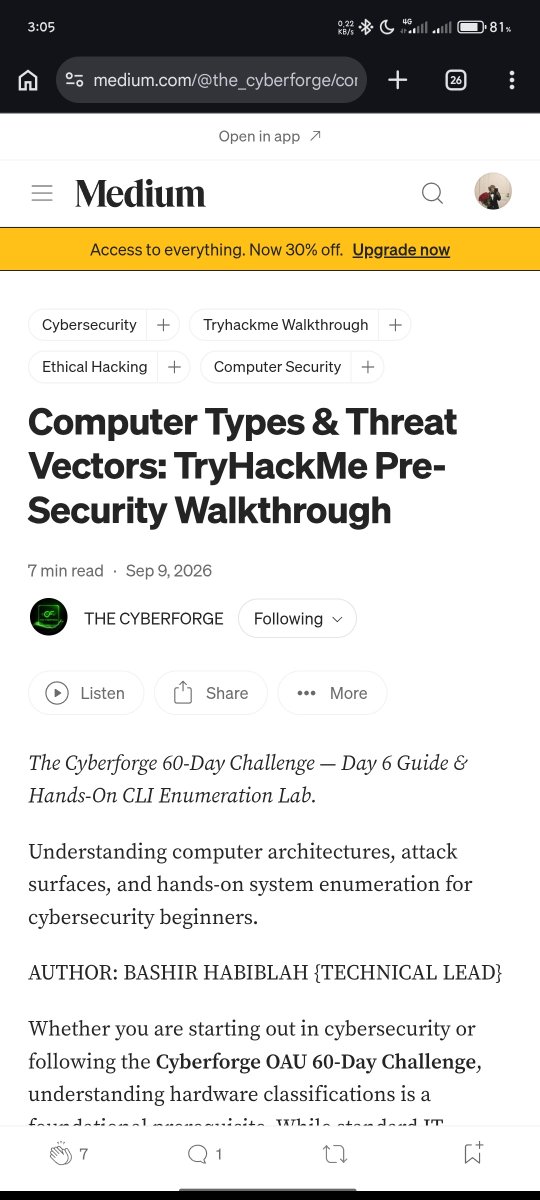 Cy_Deji's tweet photo. Day6/60
-Learned COMPUTER PARTS
THE CYBERFORGE - Computer Types & Threat Vectors
Microsoft Learn β Explore Computers
@the_cyberforge #60DaysofCyberSecurity https://t.co/yhJa3UU8Wc