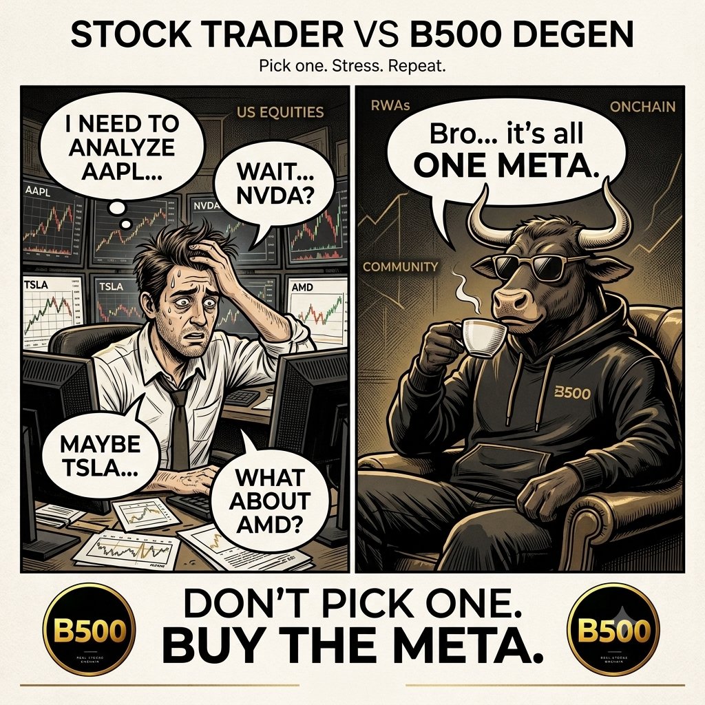 0xdalai's tweet photo. Traditional traders: “Which stock should I pick?” 😭

AAPL? NVDA? TSLA? AMD?

Meanwhile, the B500 degen: “Bro… it’s all ONE META.”

Don’t pick one. Buy the meta.

@B500_bsc

#B500Meme $B500 https://t.co/wazTzSMT1A
