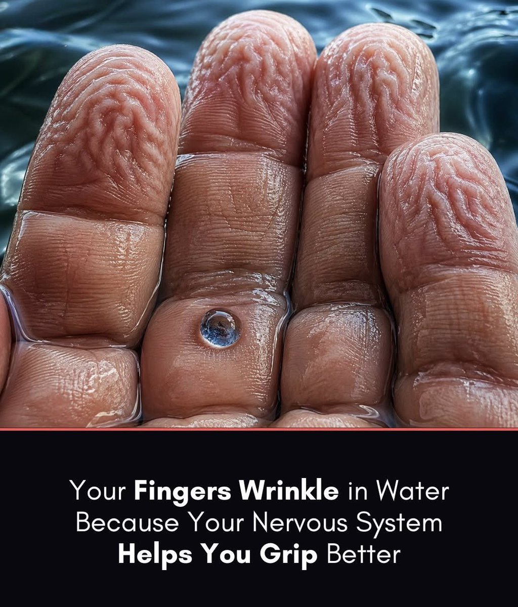 NextScience's tweet photo. 🚨 Your Fingers Are Smarter Than You Think…

Think your fingers wrinkle because they soak up water? That’s a myth.
After a few minutes underwater, your autonomic nervous system quietly tells blood vessels in your fingertips to tighten. This shrinks the skin from underneath—creating wrinkles on purpose.

Even more surprising? Doctors use this as a quick nerve test. No wrinkles can signal a problem.
And those lines aren’t random… studies in Biology Letters show they actually help you grip wet objects better—like built-in traction.
So those wrinkled fingers?
Not a flaw… a hidden advantage.

Source:
Kareklas, K., Nettle, D., & Smulders, T. V. Biology Letters.