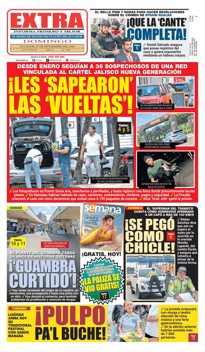 DiarioExtraEc's tweet photo. 🌛 ¡Buenas noches! Ya está lista la #PortadaEXTRA de mañana, domingo 27 de septiembre de 2026. No olvides ir por tu ejemplar y mira en https://t.co/B6atVw0QGI las noticias 'más pepas' del día. https://t.co/40aIPK59BM