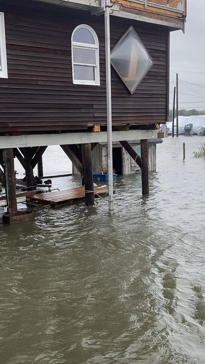 A dark wooden house elevated on stilts sits above floodwaters, with a diamond-shaped window and a metal pole extending down into the murky water.
