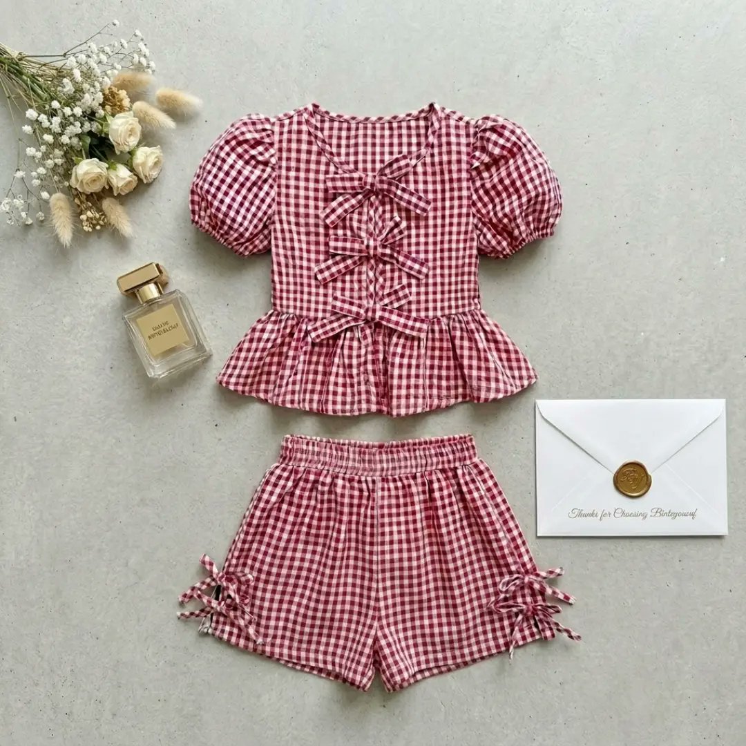 maycongefson's tweet photo. Cotton Candy Summer in red gingham. Puff sleeves, side-tie shorts, soft cotton, and adorable bows made for twirling. Little Girl’s Red Check Co-ord Set. Limited pieces available. DM to order. https://t.co/Ueo60VbV6V