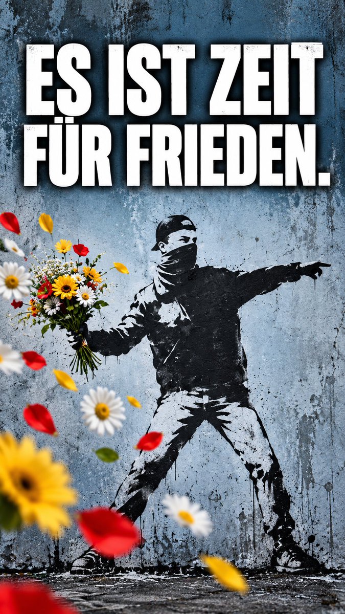 SonguelSunny's tweet photo. Was wären die Blumen, wenn wir sie dem Menschen, den wir lieben, nur noch aufs Grab legen könnten? Was wäre unser Zuhause, wenn die Jacke unseres Kindes noch an der Tür hängt, wir aber nie wieder hören, wie es nach Hause kommt? Wenn wir morgens für einen kurzen Augenblick vergessen, was geschehen ist, und mit dem Griff auf die leere Bettseite alles wieder da ist. Wenn wir noch so viel Liebe in uns haben und den Menschen, dem sie gehört, nie wieder in die Arme nehmen können.

Wie schmerzlich wird dann begreifbar, was Willy Brandt meinte: „Der Frieden ist nicht alles, aber alles ist ohne den Frieden nichts.“ Das Haus mag noch stehen, die Blumen mögen noch blühen. Doch der Mensch, der das alles für uns zum Zuhause gemacht hat, fehlt.

In Banksys Blumenwerfer sehe ich deshalb die Bitte, das zu bewahren, was uns das Leben bedeutet: einander Blumen schenken, sich berühren, miteinander lachen und gemeinsam alt werden dürfen.

Russland ist nicht mein Feind, und auch kein anderes Land. Meine Feinde sind die Menschen, die Kriege anzetteln und uns unsere Liebsten nehmen, hier wie anderswo. Auch dort hängt eine Jacke, die niemand mehr anziehen wird. Auch dort wartet eine Mutter auf eine Stimme, die sie nie wieder hört.

Unsere Liebsten sind für uns unersetzlich, ihre für sie genauso. Deshalb stehe ich für Frieden und sage Nein zu jedem Krieg.

#IchSteheFürFrieden #RusslandIstNichtMeinFeind