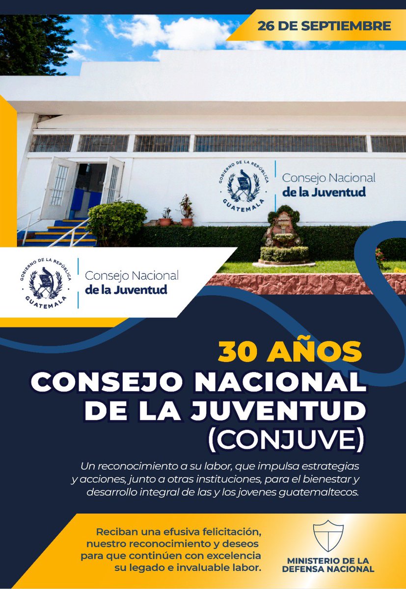 Ejercito_GT's tweet photo. El Ministerio de la Defensa Nacional felicita al @ConjuveGuate en su 30 aniversario 🎉🇬🇹

Reconocemos su trayectoria y compromiso con la juventud guatemalteca, promoviendo espacios de participación, desarrollo y oportunidades para las nuevas generaciones.

¡Felicitaciones por estos 30 años de trabajo en favor de la juventud de Guatemala! 

#EjércitoGT #EstamosCumpliendo