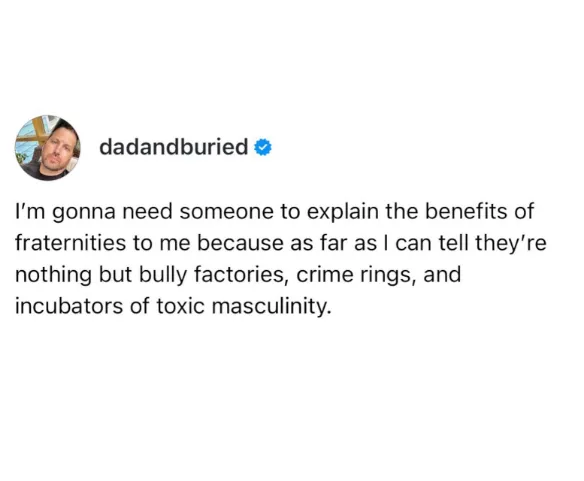 db_maggi's tweet photo. Let’s be honest, even before the Cornell news we knew fraternities were cesspools of toxic masculinity. #fraternities #cornell #alwaysmen https://t.co/v8gOnXjaNe