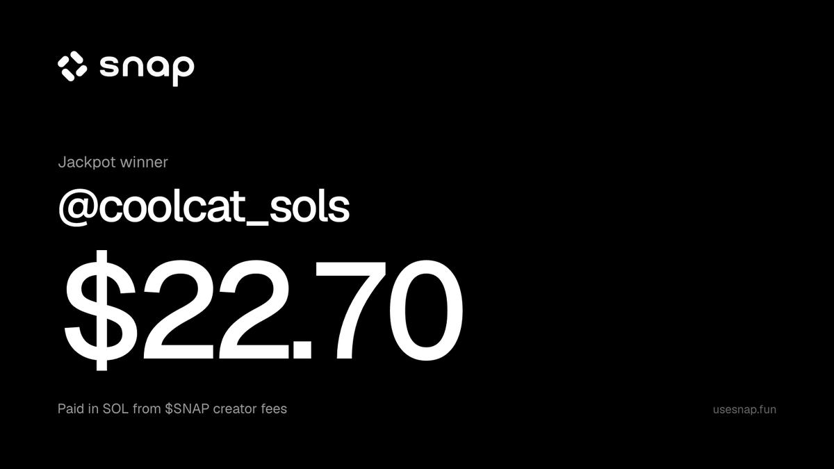 usesnapfun's tweet photo. Congratulations to our third Jackpot winner: @coolcat_sols 

Log in via X to claim your winnings. https://t.co/N8Sr8MzLI2