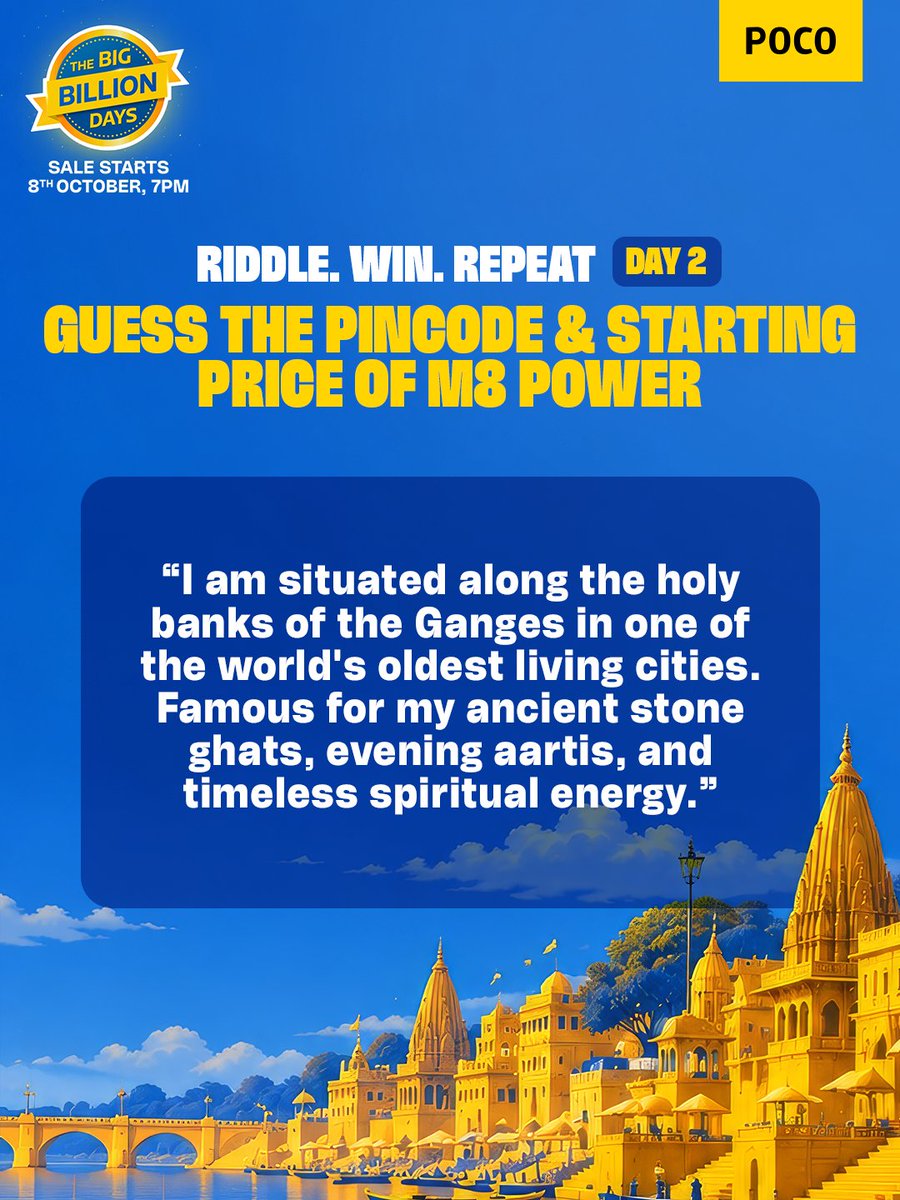 IndiaPOCO's tweet photo. DAY 2 IS LIVE!

Riddle. Win. Repeat! 

We're back with another chance to win a FREE POCO this BBD!

Solve the riddle, guess the iconic location &amp; pincode, and unlock the hidden starting price!

#POCOIndia #BBD #BigBillionDays #Contest https://t.co/1YgIidhJad