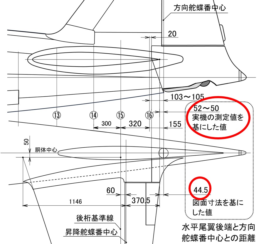 GKenjim's tweet photo. 零戦の水平尾翼の位置、模型により違っていて分からないというのを見ました。位置は、後ろ側で合わせると水平尾翼の昇降舵後端が方向舵蝶番中心から前に44.5㎜です。垂直尾翼の方向舵ラインより前になります。 https://t.co/jiP0otyst9