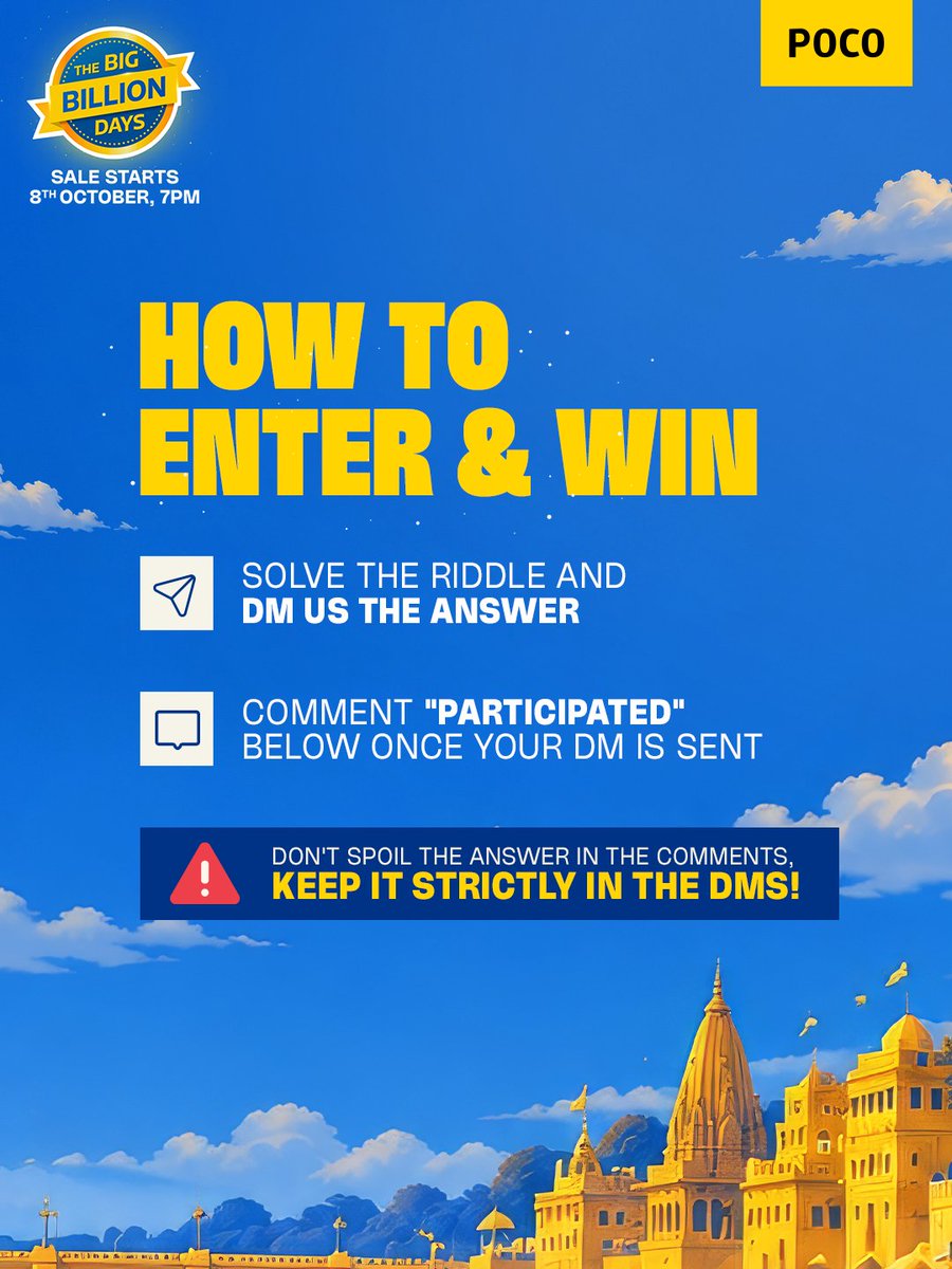 IndiaPOCO's tweet photo. DAY 2 IS LIVE!

Riddle. Win. Repeat! 

We're back with another chance to win a FREE POCO this BBD!

Solve the riddle, guess the iconic location &amp; pincode, and unlock the hidden starting price!

#POCOIndia #BBD #BigBillionDays #Contest https://t.co/1YgIidhJad