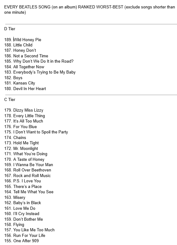 linus8090's tweet photo. the beatleathon is finally done, and with that is a ranking of every single beatles song worst to best. (top 25 are below) https://t.co/aoHngZvJeu