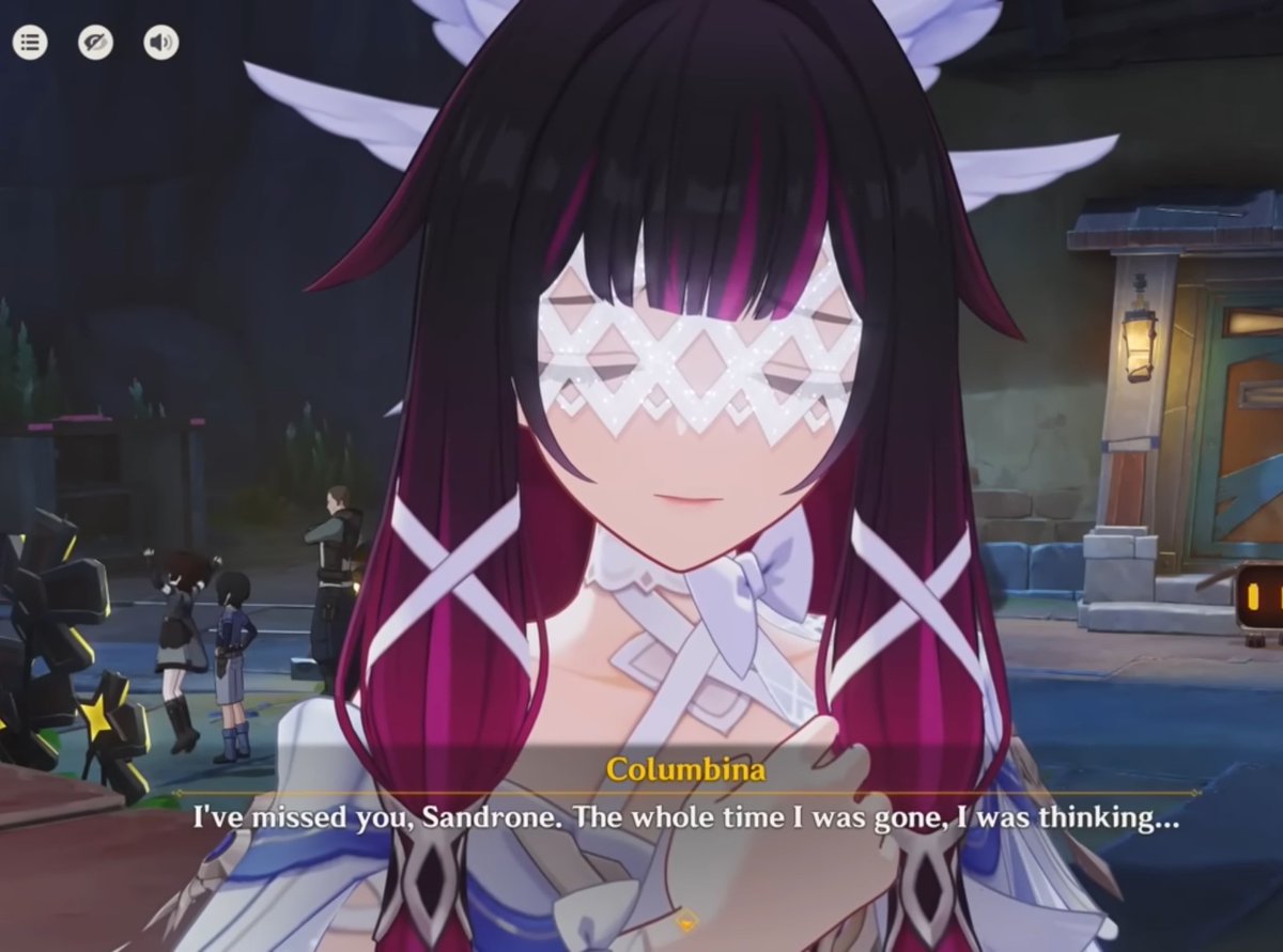 Maelein's tweet photo. I would like to remind everyone that Sandrone blushed when Columbina said she missed her https://t.co/EciBEyelOD