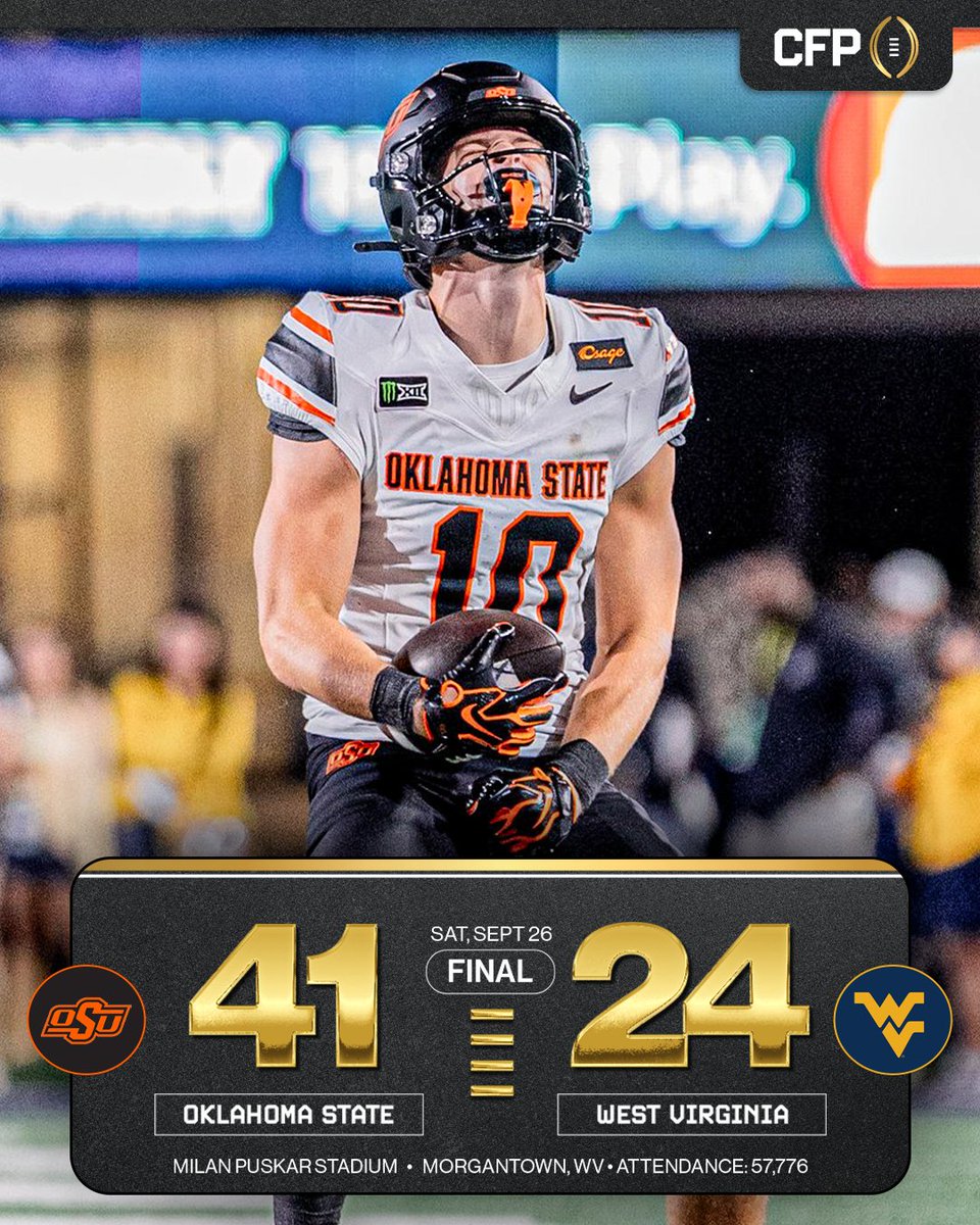 CFBPlayoff's tweet photo. .@CowboyFB gets the victory in Morgantown🤠 https://t.co/nA0BU7s4uX