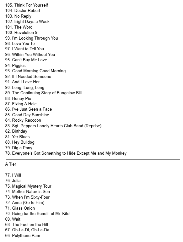 linus8090's tweet photo. the beatleathon is finally done, and with that is a ranking of every single beatles song worst to best. (top 25 are below) https://t.co/aoHngZvJeu