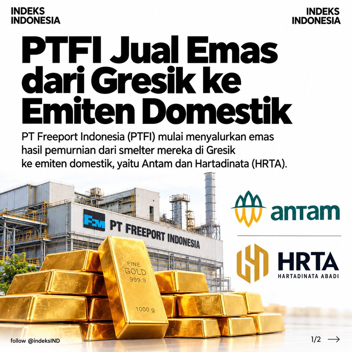 indeksIND's tweet photo. Emas Freeport mulai masuk ke emiten domestik.
Antam punya kontrak 30 ton/tahun selama 5 tahun. Realisasi Jan–Ags 2026: 9 ton.
HRTA? Baru teken kerja sama spot dan langsung beli 50 kg emas 99,99%.
Kontrak jangka panjang vs pembelian bertahap. Model mana yang akan makin dominan?
#Freeport #Antam #ANTM #HRTA #Emas #Bullion #EkonomiIndonesia #IndeksIndonesia
