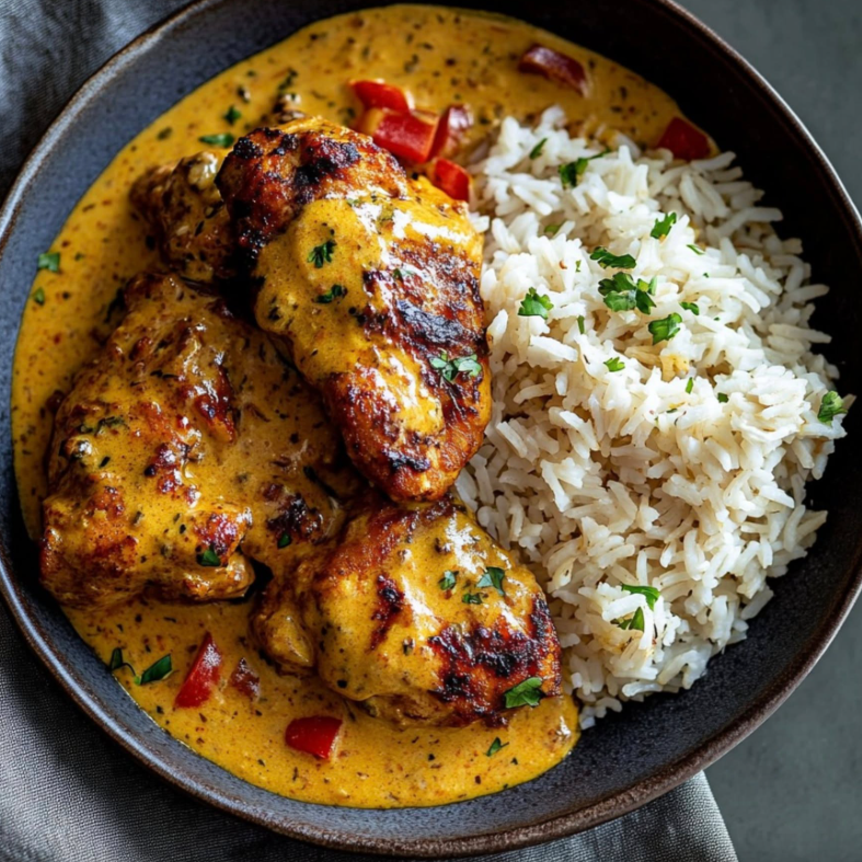 summer_food's tweet photo. Creamy Peri Peri Chicken Casserole with Garlic Rice

Ingredients:

2 tbsp olive oil

4 boneless, skinless chicken breasts

1 tsp smoked paprika

1 tsp garlic powder

1 tsp onion powder

Salt and pepper, to taste

1 medium onion, finely chopped

3 cloves garlic, minced

1 cup chicken stock

1 cup heavy cream

3 tbsp peri-peri sauce

1 tsp lemon juice

2 cups cooked white rice

Fresh parsley, chopped (for garnish)

Directions:

Prepare the Chicken
Season chicken breasts with smoked paprika, garlic powder, onion powder, salt, and pepper. Rub the spices thoroughly into the surface to create a flavorful coating that enhances browning during searing.

Sear the Chicken
Heat the olive oil in a large skillet over medium-high heat. Once hot, place the chicken breasts in the pan and cook for 3–4 minutes on each side until beautifully golden and slightly crisp on the outside. Remove and set aside.

Sauté the Aromatics
Using the same skillet, add the chopped onion and minced garlic. Stir and cook for 2–3 minutes until softened and fragrant, allowing them to absorb the chicken drippings and deepen the overall flavor.

Create the Creamy Peri-Peri Sauce
Pour in the chicken stock, scraping the bottom of the pan to release all the browned bits—this is where the flavor lives. Stir in the heavy cream, peri-peri sauce, and lemon juice. Let the sauce simmer gently for 3–4 minutes, thickening slightly as the ingredients meld together.

Simmer the Chicken
Return the seared chicken breasts to the skillet, nestling them into the creamy sauce. Reduce the heat to low and let them simmer for 8–10 minutes, or until fully cooked (165°F / 74°C). The chicken will absorb the spicy, tangy creaminess of the sauce as it cooks.

Serve
Spoon warm, fluffy rice into bowls or plates. Generously ladle the creamy peri-peri chicken and sauce on top. Finish with chopped fresh parsley for brightness and color. Serve immediately while hot and aromatic.