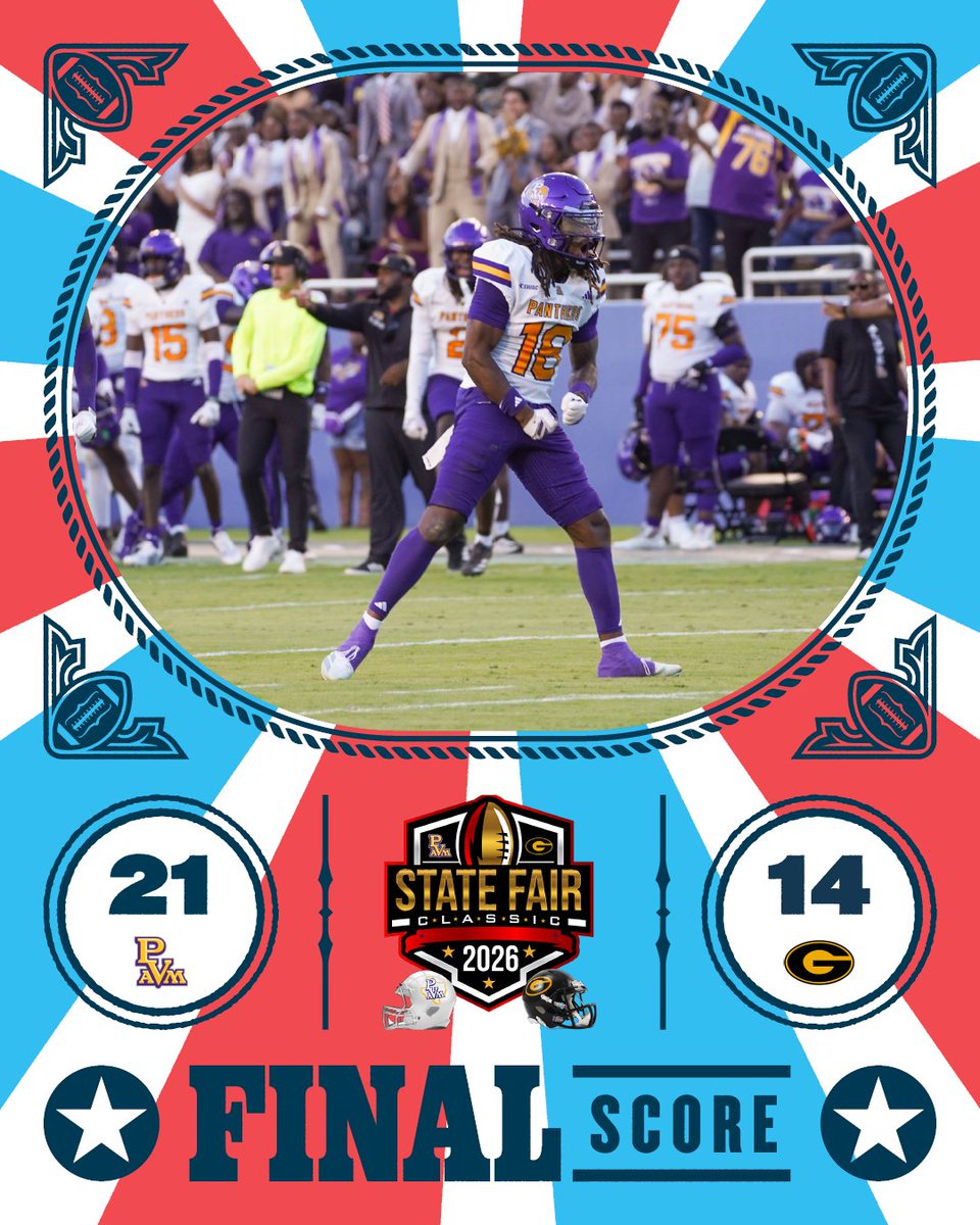 StateFairOfTX's tweet photo. Congratulations to Prairie View A&amp;M University for winning the 2026 State Fair Classic! 🏈🏆🤠 https://t.co/hHK0alW3PX