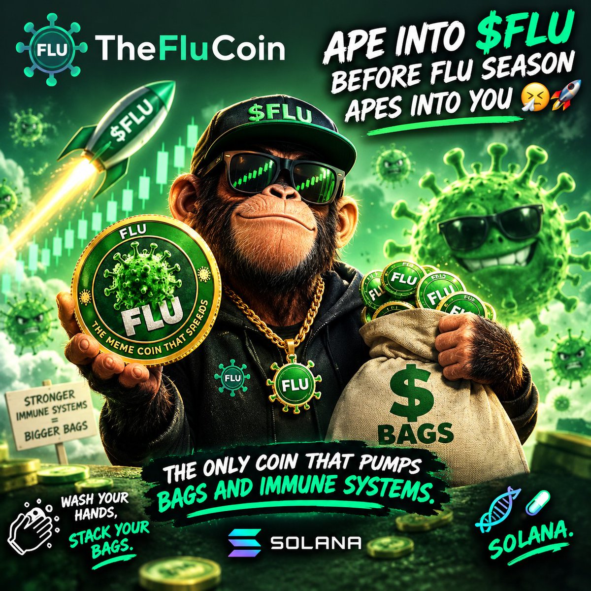 TheFluCoin's tweet photo. Ape into FLU before flu season apes into you 🤧🚀 The only coin that pumps bags AND immune systems. Wash your hands, stack your bags. Solana. 🧬💊 https://t.co/xwh9lJHzui