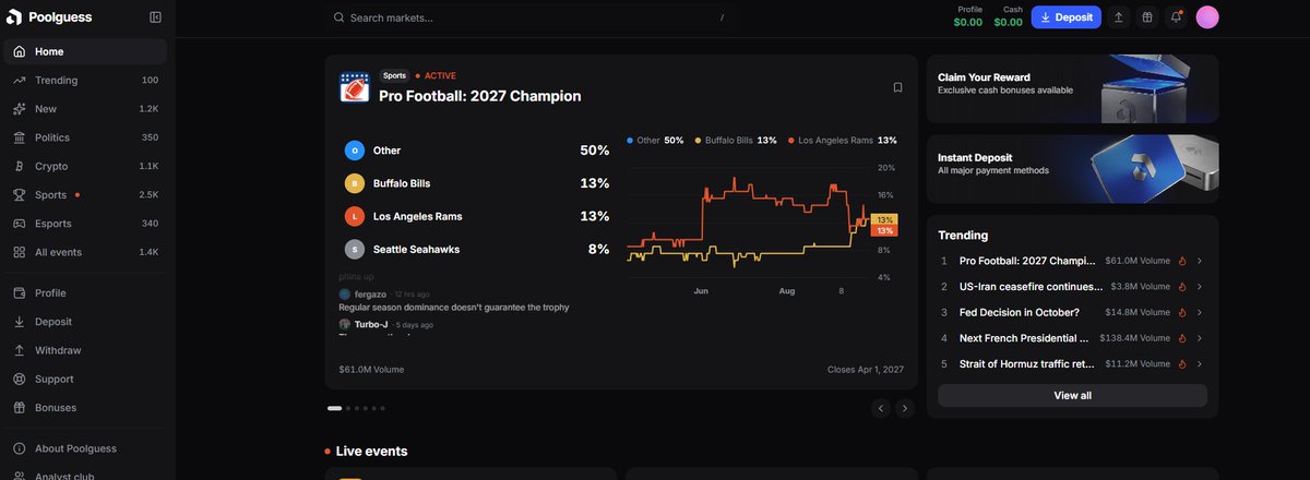 Pool_Guess's tweet photo. Prediction markets just got a serious upgrade. 🖤

Introducing PoolGuess trade real-time odds on sports, politics, crypto &amp; more.

Predict. Pool. Profit.

https://t.co/h3Y9MUejnz https://t.co/h9brSHp6kb