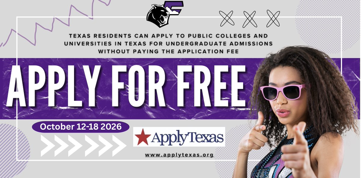 TXFHSCougars's tweet photo. Apply for FREE! – October 12–18, 2026
Great news for our college-bound Cougars! During October 12–18, 2026, Texas residents can apply to participating public colleges and universities in Texas for undergraduate admission without paying an application fee. 🎓 https://t.co/ZBHz6gCM2O