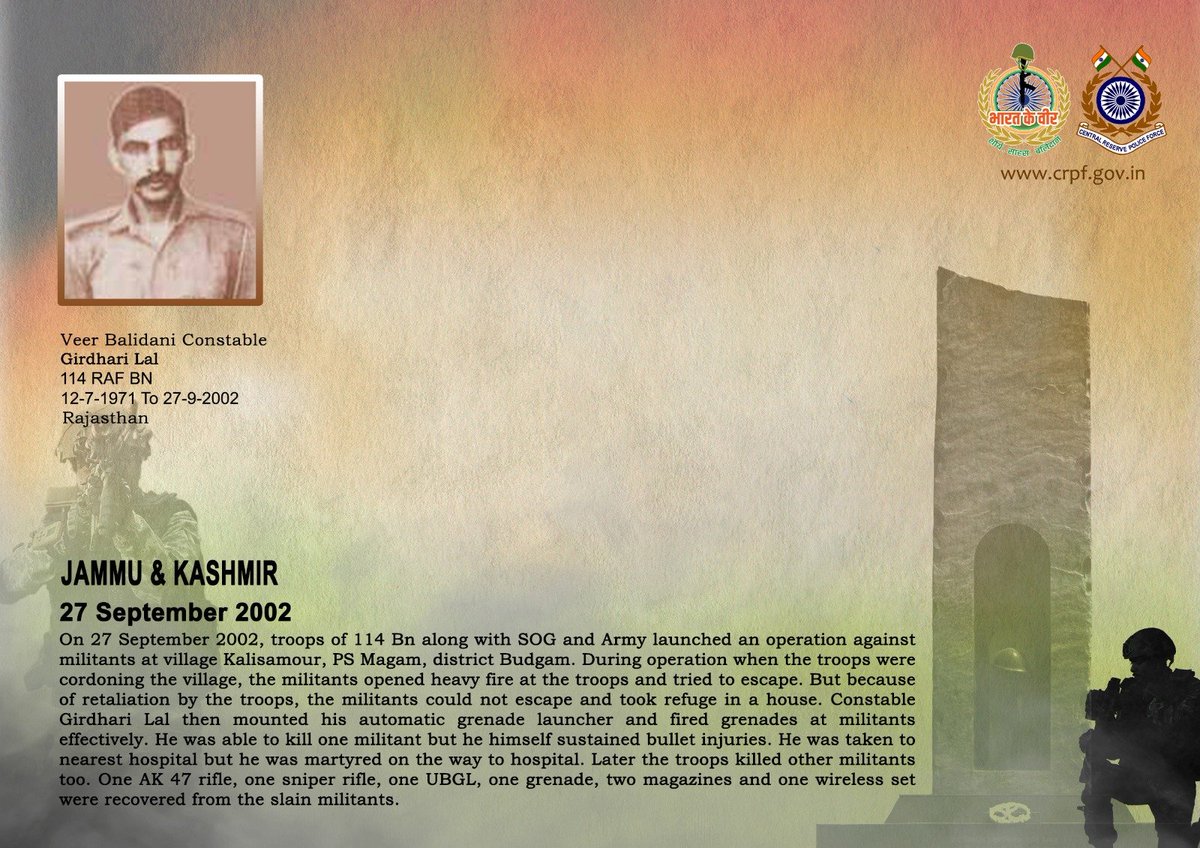 crpfindia's tweet photo. DG and all Ranks of #CRPF pay solemn tribute to Ct/GD Girdhari Lal of 114 RAF (Formerly 114 CRPF Bn), who made the supreme sacrifice after being seriously injured in an encounter with militants in Budgam district, J&K on 27 September 2002. #CRPF salutes the braveheart and pledges never to let his sacrifice go in vain.

#LestWeForget
🇮🇳#Bharat_Ke_Veer🇮🇳