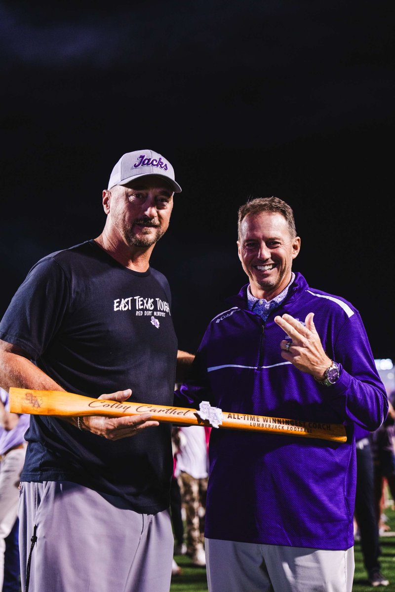 SFA_Football's tweet photo. Congratulations to @CoachCarthel on his career milestone as the All-Time Winningest Coach for in Lumberjack Football history 🪓

#AxeEm x #EastTexasTough https://t.co/x5upWBRyND